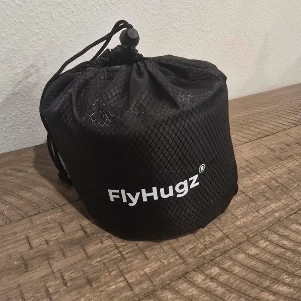 FlyHugz Travel Neck Pillow Gray Black Memory Foam Compact Carry Bag